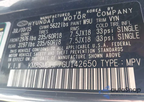 2016 Hyundai Santa Fe Se z USA, uszkodzony, nr VIN KM8SMDHF7GU142650